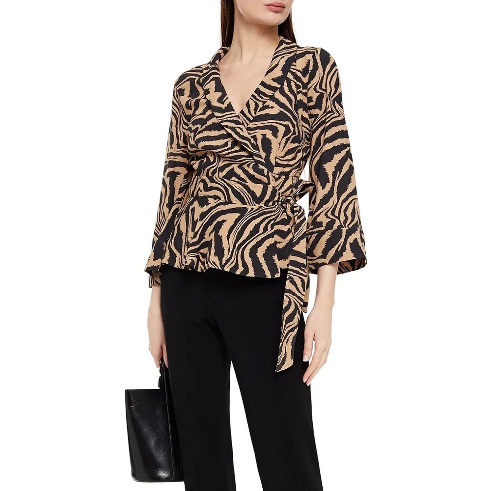 Ganni Zebra Print Wrap Tie Blouse